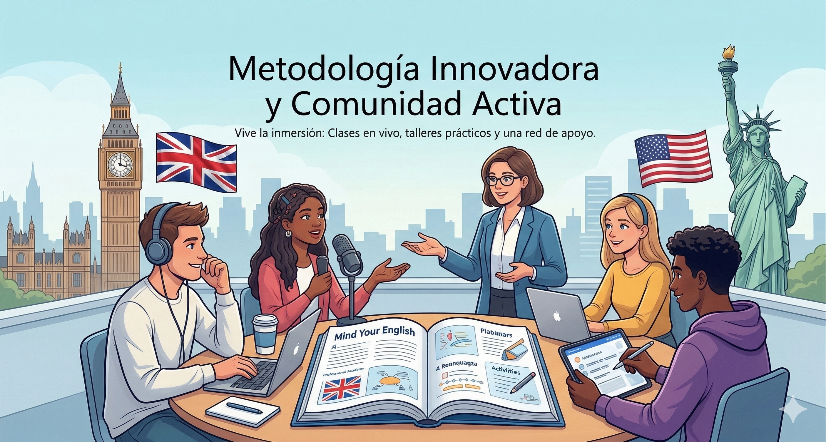 Ilustración Mind Your English: metodología innovadora, clases en vivo y comunidad de apoyo con estudiantes y docente